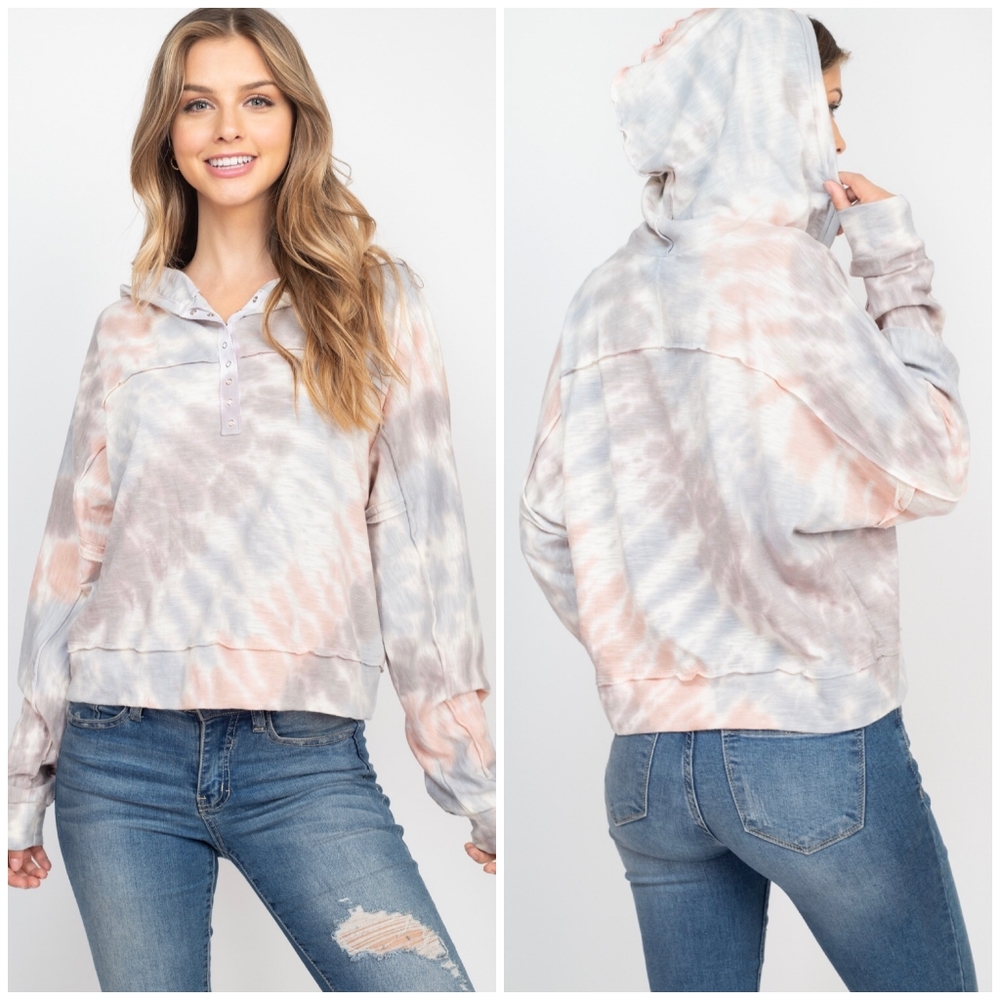 Peach Love California Tie-Dye Henley Hoodie Top